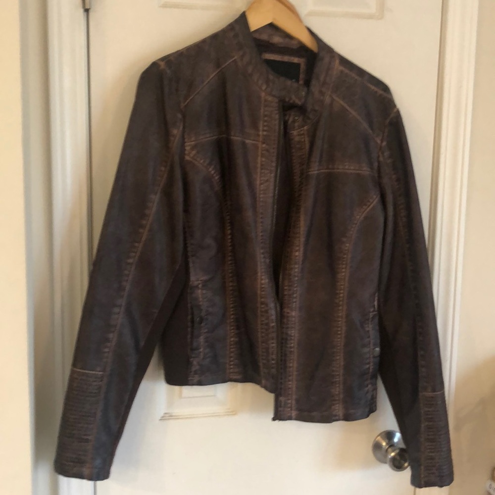 Faux-leather moto jacket.